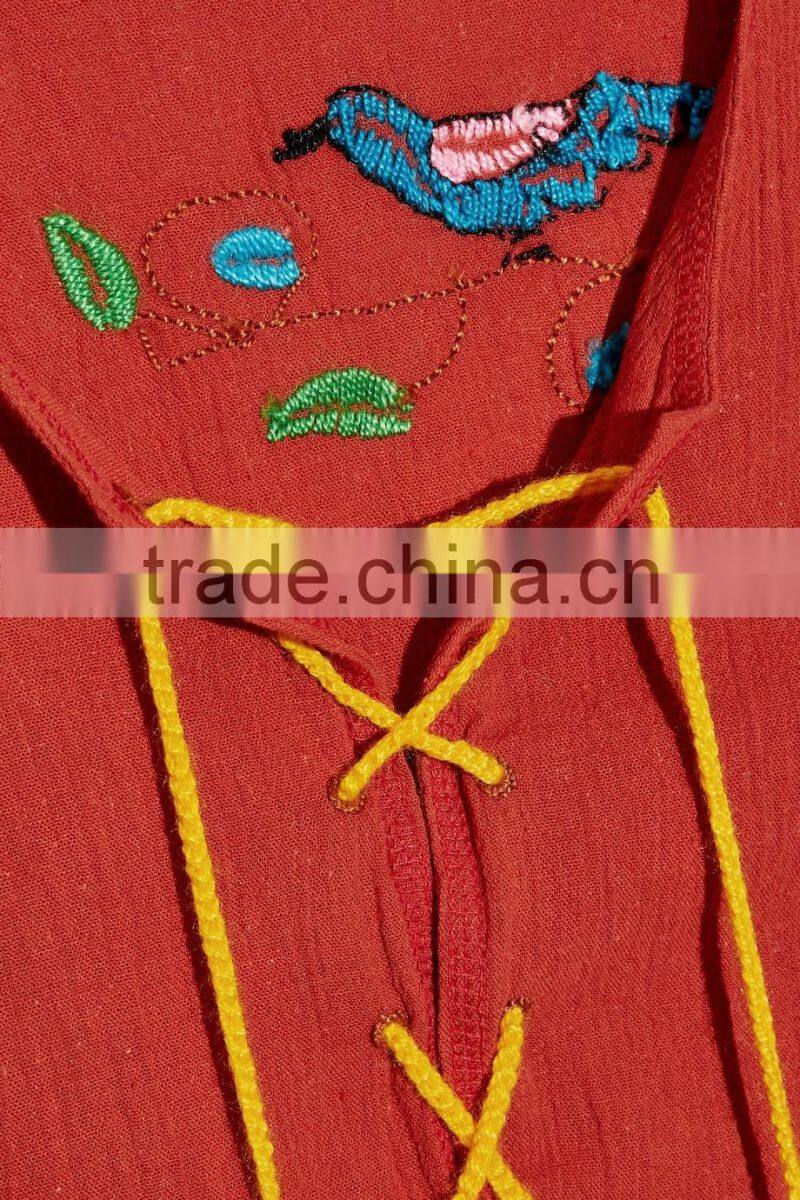 Bohemian Clothing Boho Mexican Peasant Embroidered Crinkled Cotton Mini Dresses With Pompom HSD5939