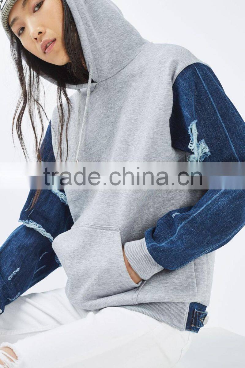 Basic cotton french terry custom contrast distressed denim sleeve girl stylish hoodie