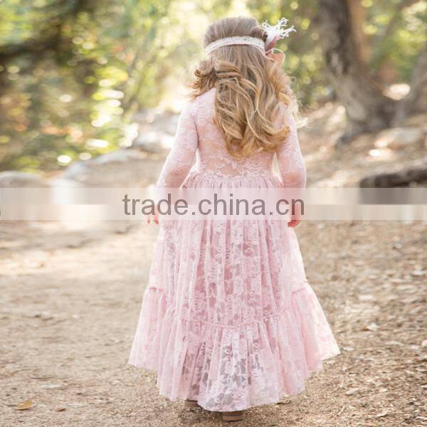 Baby Girls Fall Pink Lace Long Sleeve Maxi Dress Children Growns Frocks Design Clothing