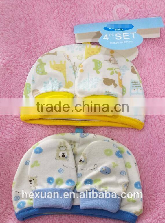 OEM or Stocked ,4pcs/set Newborn baby double hat, 2 pieces + protective gloves, 2 pairs of cotton, 4 pcs each set