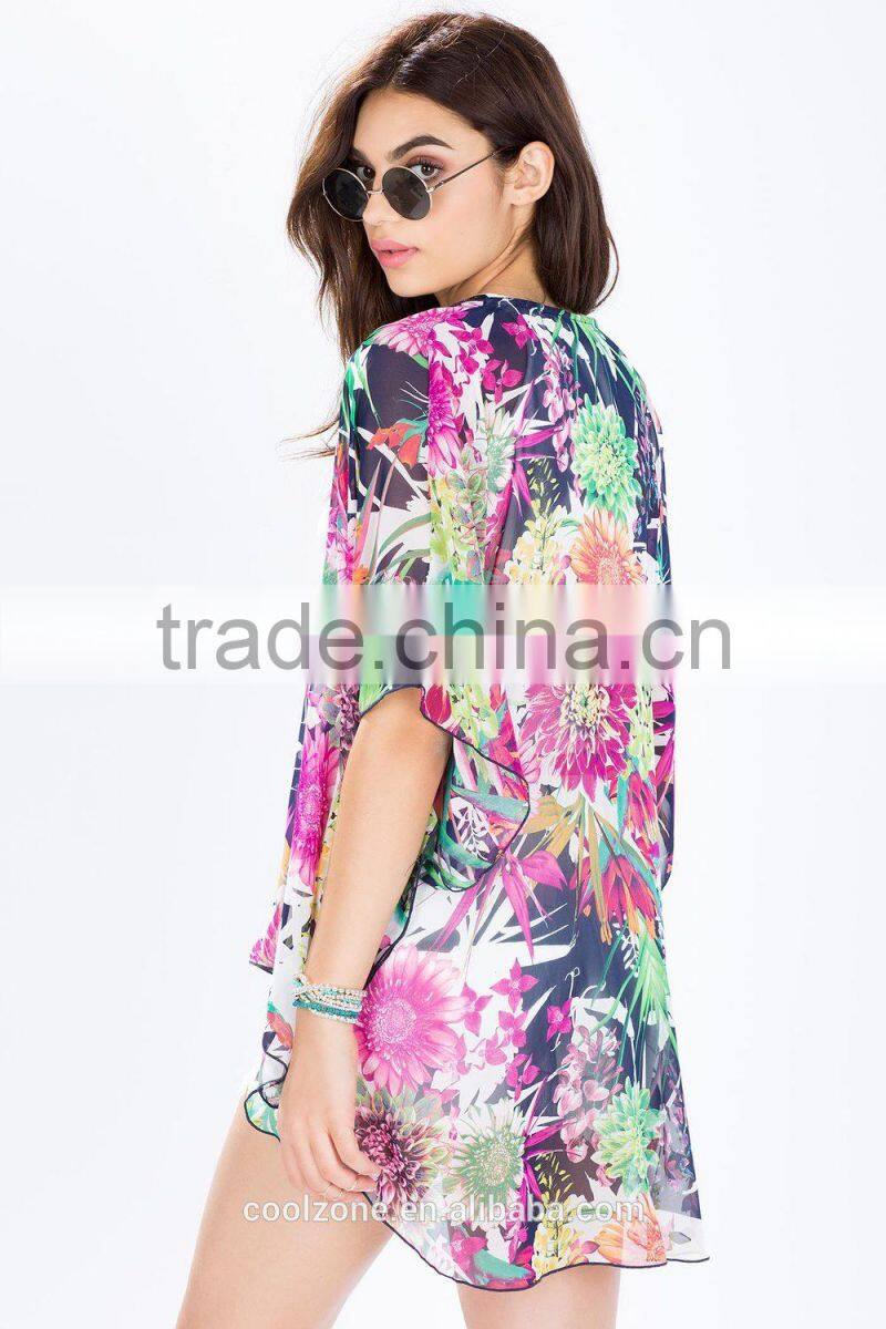 Open front lush botanical prints kimono women with extended back hem