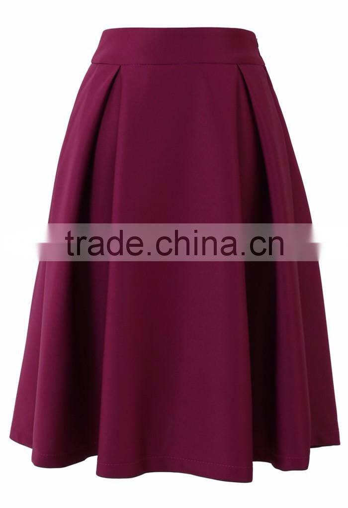100% Polyester pleated side pocket midi skirt wholesale women skirts outfit 2016