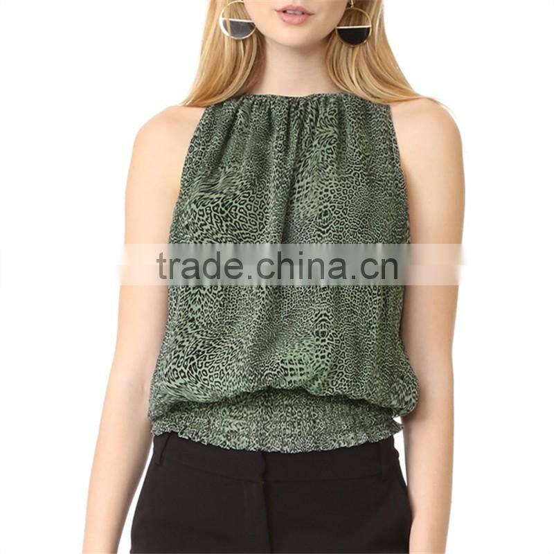 2017 OEM Women Breezy Elastic Round Neckline Leopard Blouse