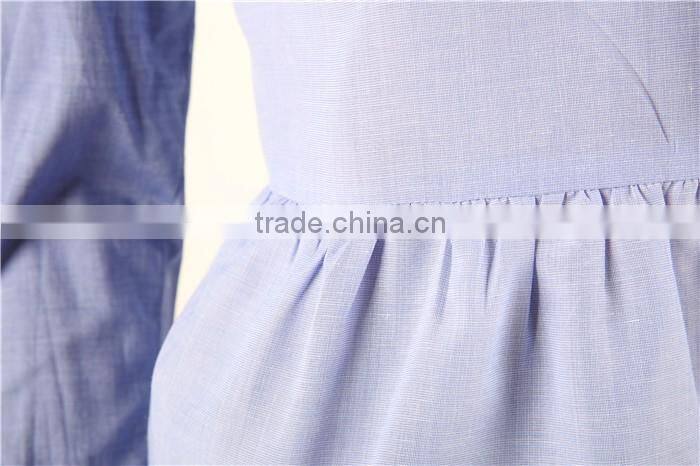 long sleeve blue women blouse patch work designs with bow in front