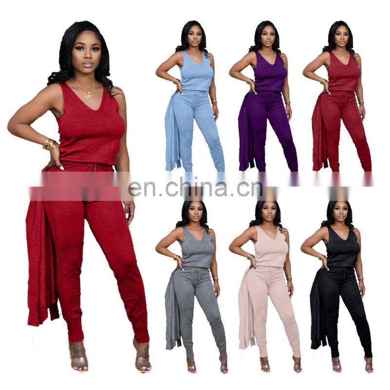 Clothing wholesale custom fashion casual 3-piece sexy sports solid color sleeveless pencil pants suit plus size
