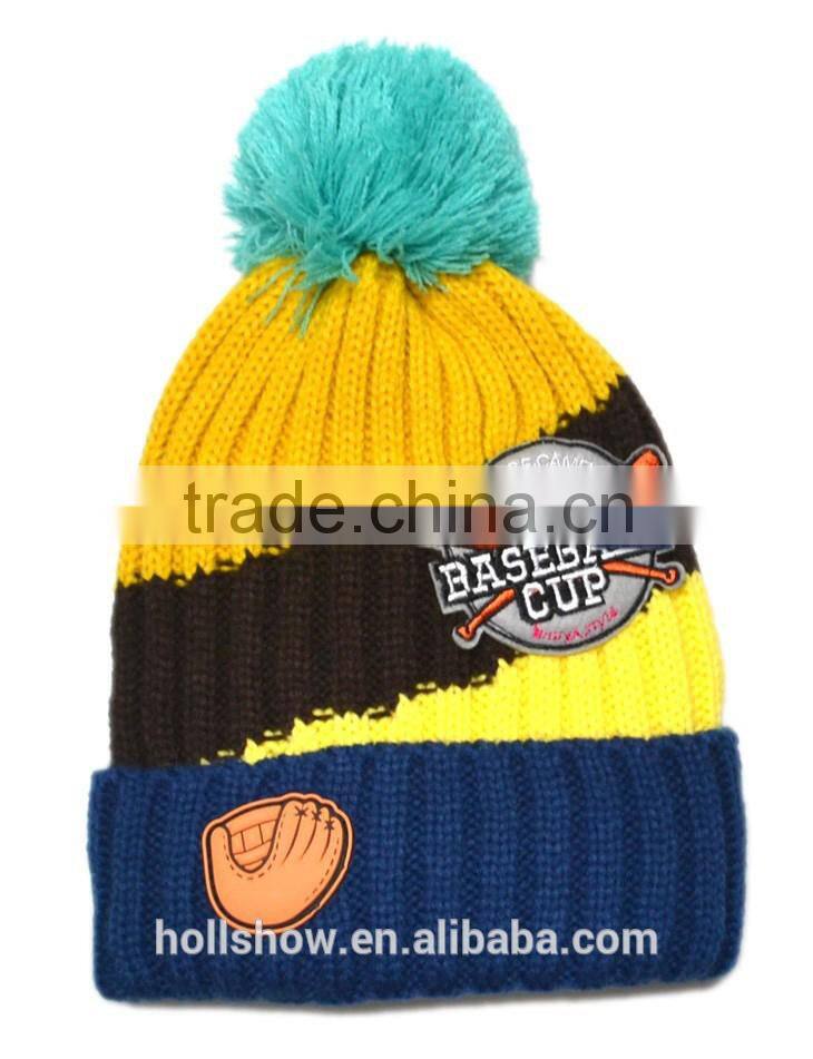 2015 Autumn Winter Newest Four Color Mixed Baseball Cup Applique Pom Pom Style Kids Knitted Wool Hat