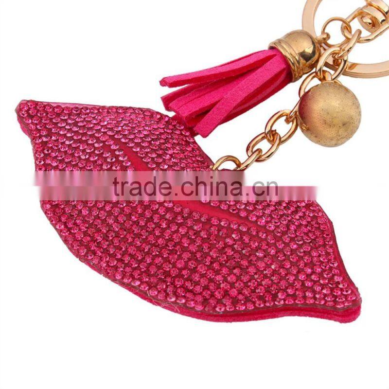 2016 Fuchsia Keychain Lipstick Pendant Keychain Bling Crystal Custom Keychain 18K Gold Plated Keyring Lobster Clasp