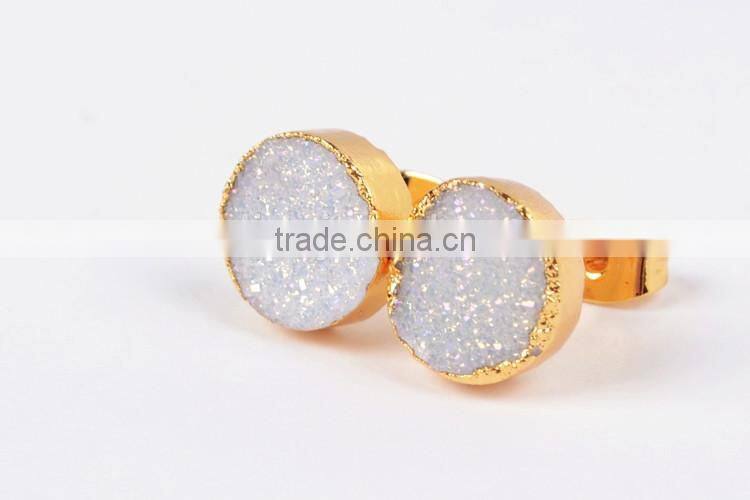 10mm round natural agate titanium AB druzy stone stud earrings