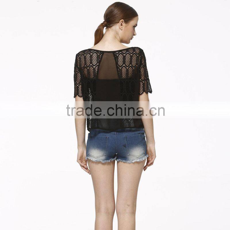 2016 ladies chiffon and lace contrast latest design short sleeve woman blouse