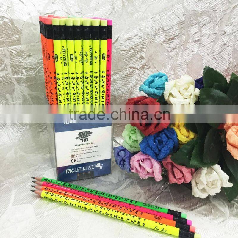 Standard size round shape soft wood 72pcs neon body heat rolling HB pencil with eraser