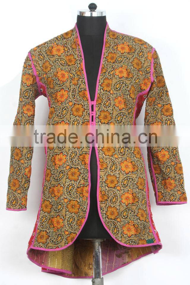 RTHCJ-22 Green Vibrant Color reversible cotton kantha Winter Jackets For Girls Abstract Designer Print Full sleeve size Jaipur