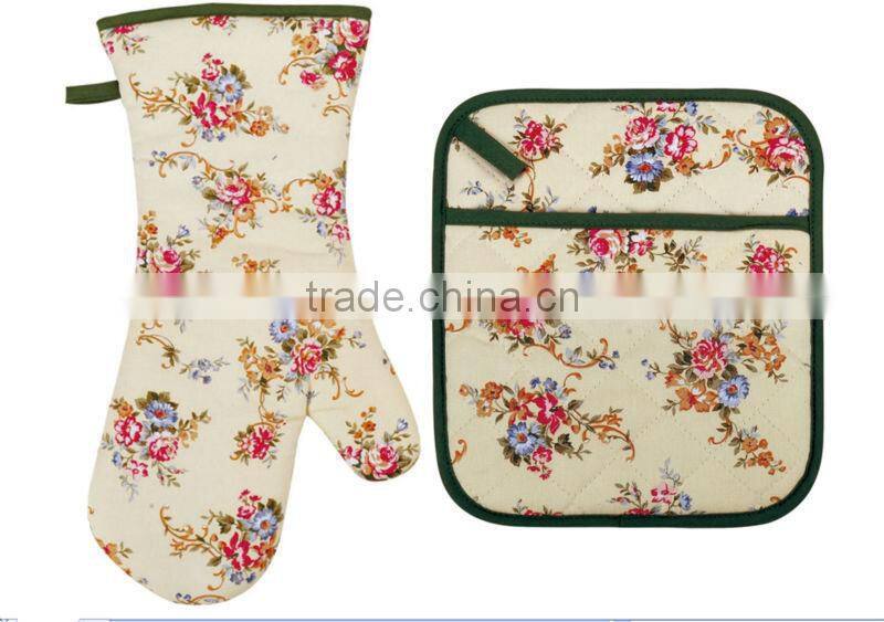 2015 HIGH QUALITY NEW DESIGN PRINTING FLOWERS AND PLANTS COTTON (OVEN MITT& POT HOLDER) KITCHEN SET MK-1502&1506
