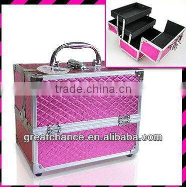 METALLIC PINK FAUX LEATHER ALUMINIUM MAKE UP COSMETIC VANITY CASE BEAUTY BOX