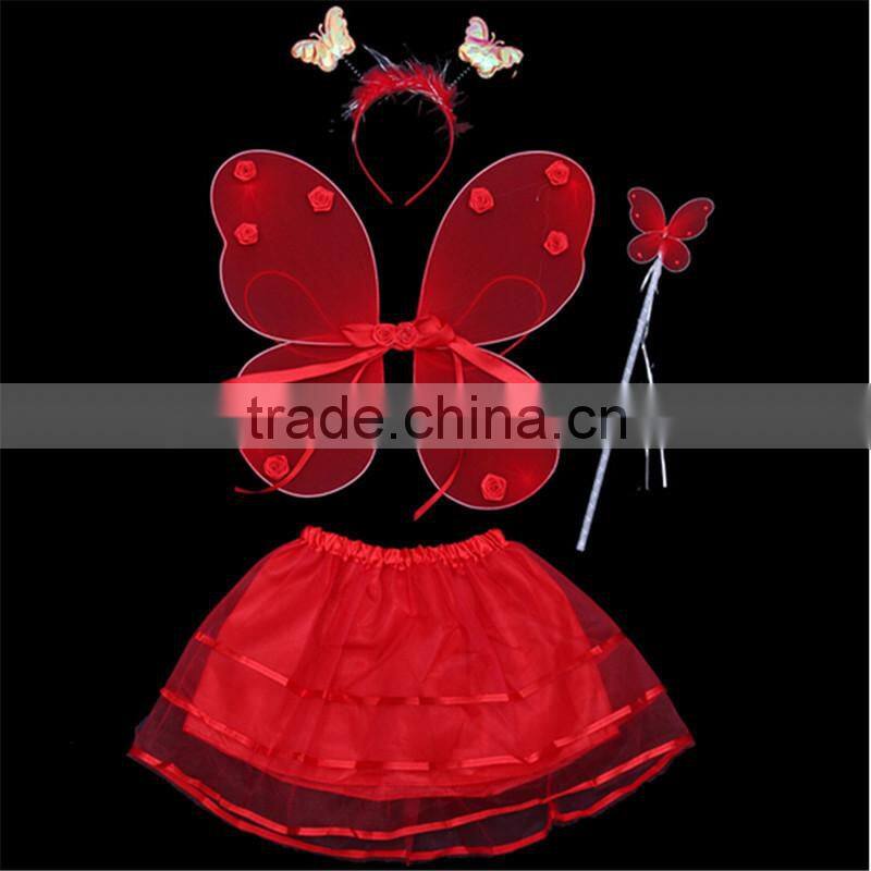 HOT Kids Festival Single Layer Rose Tie Butterfly Fairy Wings Magic Wand Headband Costume Set/Birthday Party Performance Supply