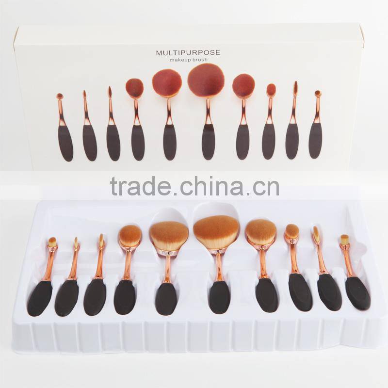 2016 New 90degrees bending rose gold Oval brush set 10pcs Foundation Makeup Brush Sets Powder Blusher Toothbrush makeup brush