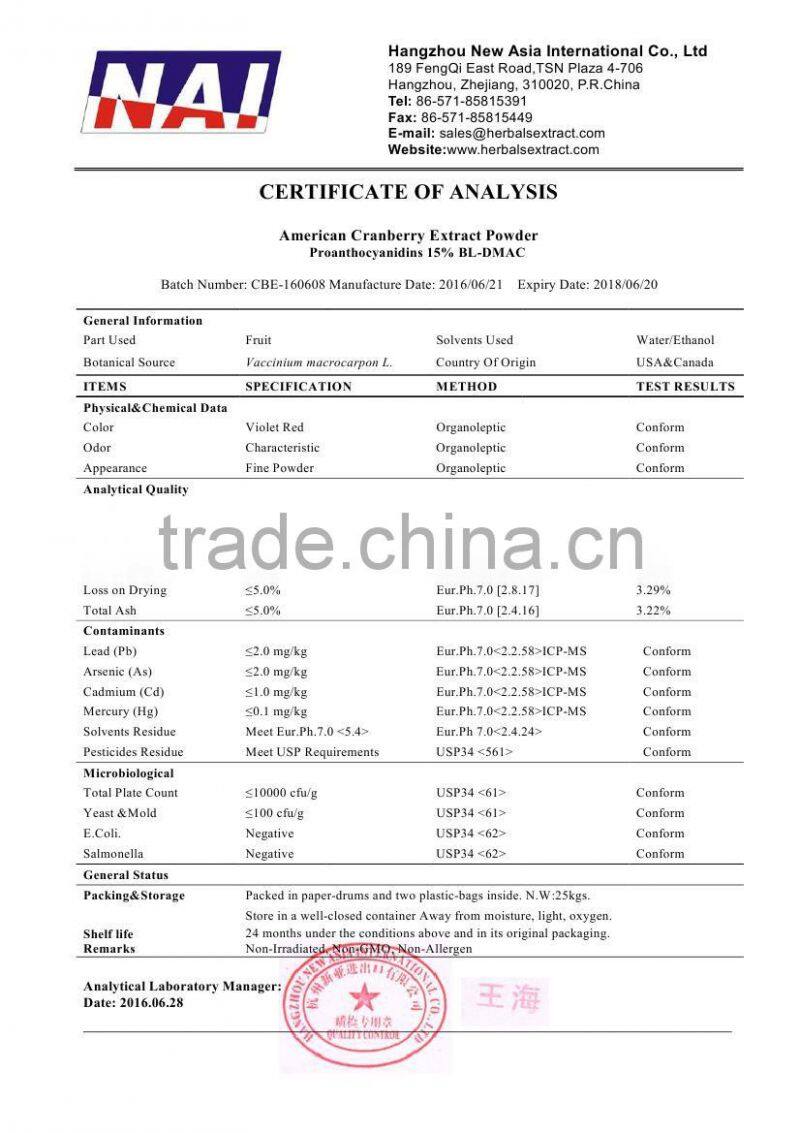 Pure Cranberry Prices,100% ID Vaccinum Macrocarpon,Proanthocyanidins 5%,10%,15% BL-DMAC;25%,40%,95% UV EP Method