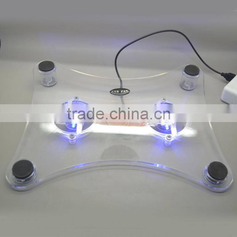 cheap stock selling 2.2mm transparent LAPTOP COOLER COOLING PAD 2 FAN with light FOR LAPTOP Notebook