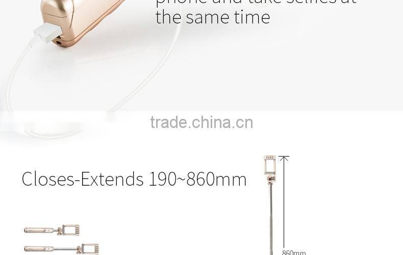 Unique desigh wired monopod with flash light mini power bank monopod selfie stick