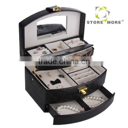 Black Pu Leather Jewelry Box Jewelry Case Jewelry Storage Organizer with Lock And Mirror