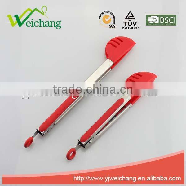 WCE13 Premium Comfort Stainless Steel Locking Kitchen Tongs Food Tong with Silicone Heads, Good Grip and Built In Stand
