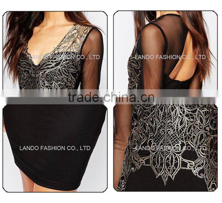 2016 long sleeve one-piece Dress With Silver Lace Appliqued sexy girl bodycon dress