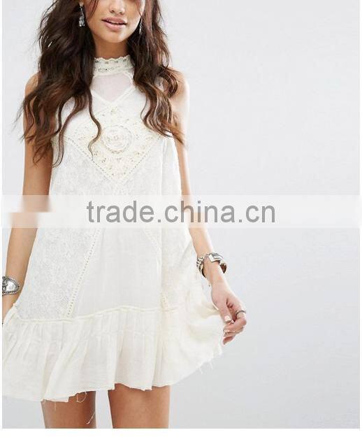 Women Summer Bohemian Casual Wear, Swing Style Ivory Top Woven Lace Cotton Mini Dress