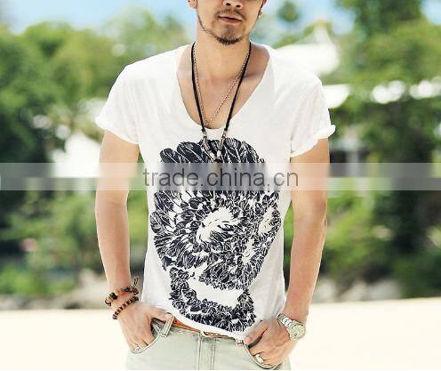 2016 Men Deep V Neck Summer Cotton Skull Print Slim T Shirt