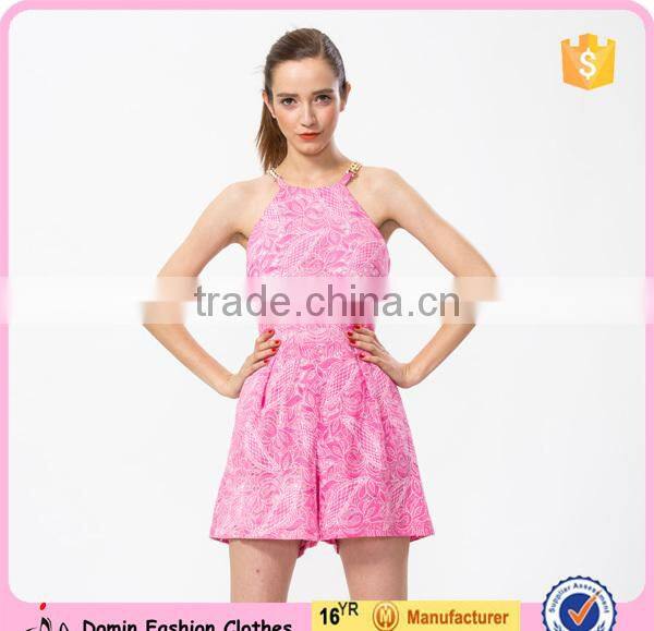 2015 New Arrival Sleeveless Peach Floral Lace Metallic Strappy Woman Playsuit