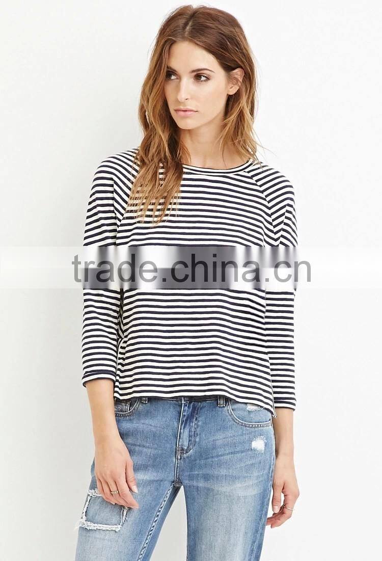 Womens loose long sleeve black white striped t shirts