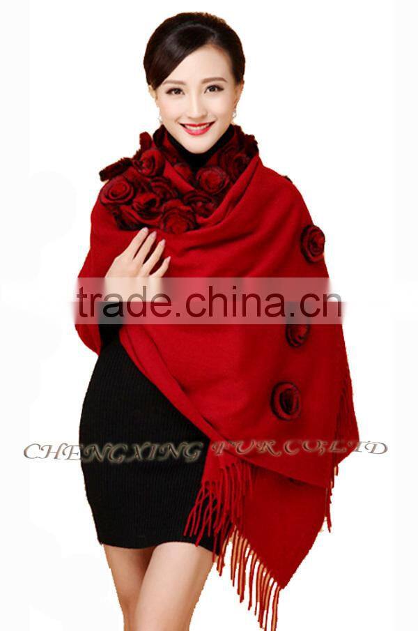 CX-B-P-37C Ladies Fashion Wholesale Cashmere Shawl With Fur