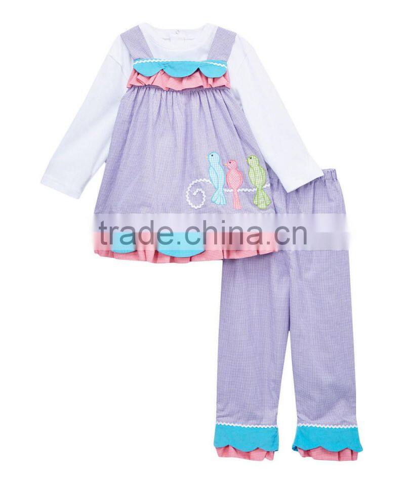 Hot sale embroidering three birds ruffle pants infant toddler children clothing sweet girl ruffle outfits