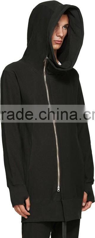 Long sleeve hoodie Structural wire at hood perimeter Asymmetrical zip closure Welt side pockets Rib knit cuffs and hem