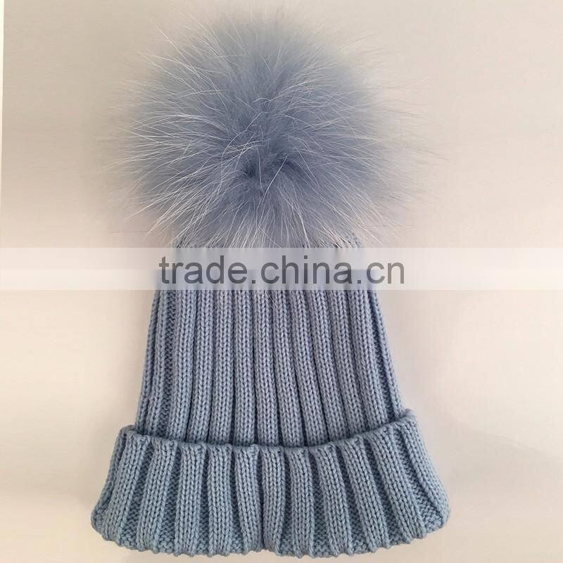 Myfur Wholesale Raccoon Fur Pom Pom Adult Couple Knitting Beanie in Sky Blue