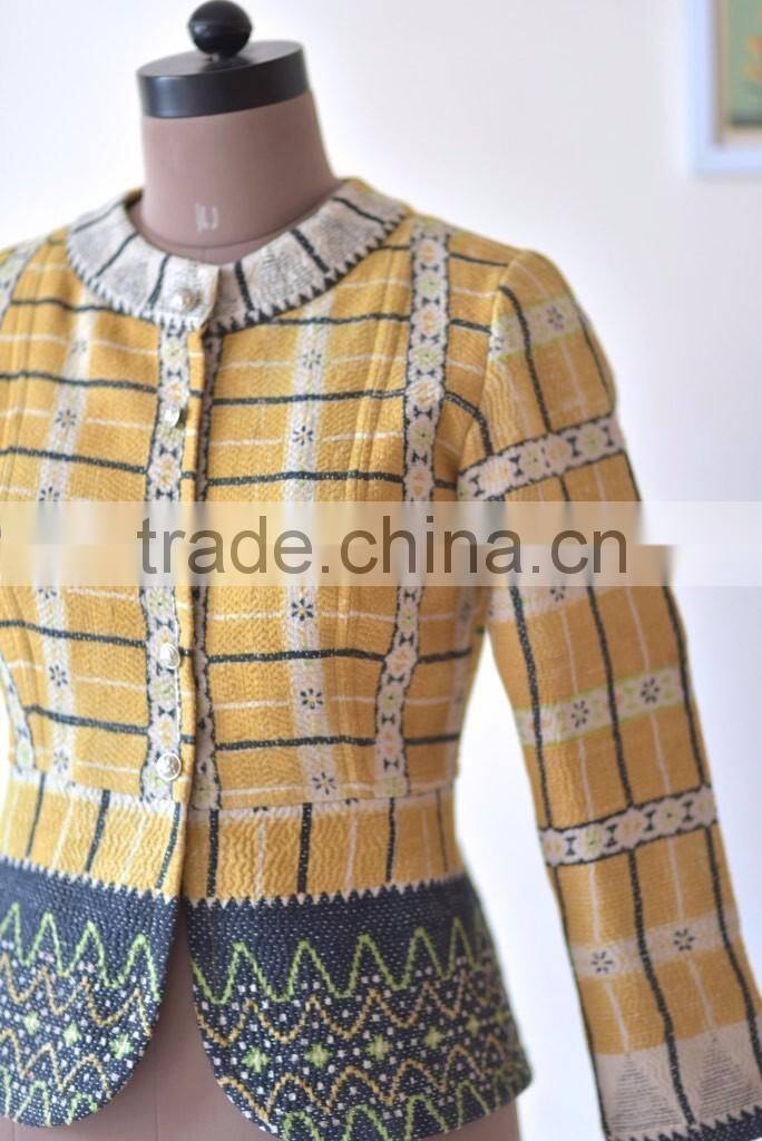handmade Vintage Kantha Boho Jacket in One of a Kind Yellowish Print ~ Small