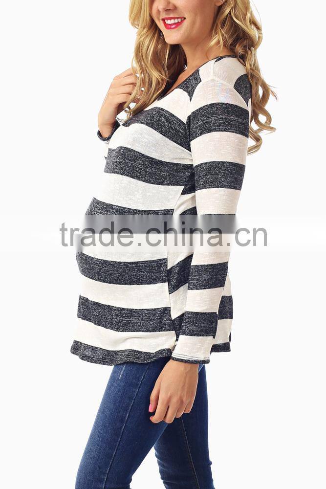 BLACK WHITE STRIPED KNIT BUTTON BACK MATERNITY TOP