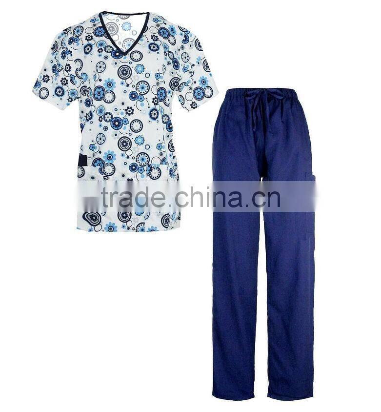 New sexy selling printed medical scrub for women mock wrap sets