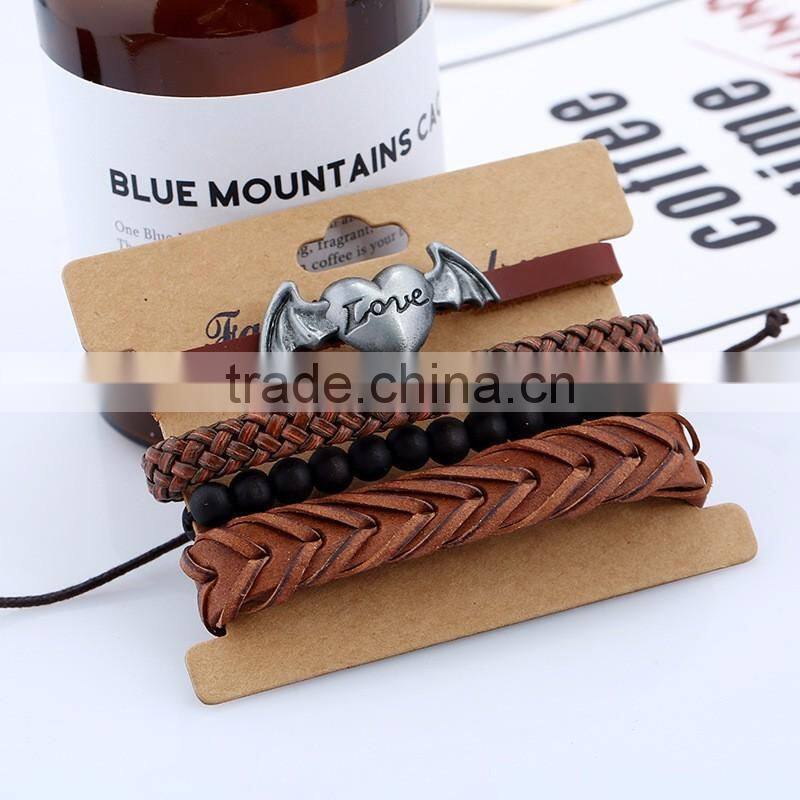 NEW Retro Angel Wing Heart Leather Charm Bracelet Plated DIY Braided Bangle 4 pack