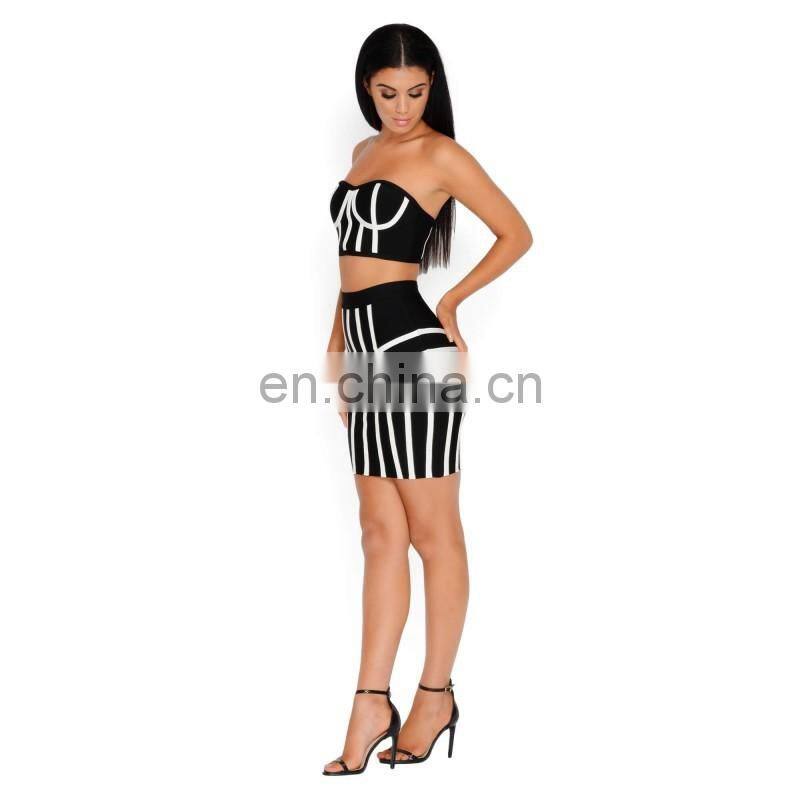 Amigo 2017 new design black white 2pcs sets crop top and mid pencil skirt bandage dress suit sexy evening dresses for women