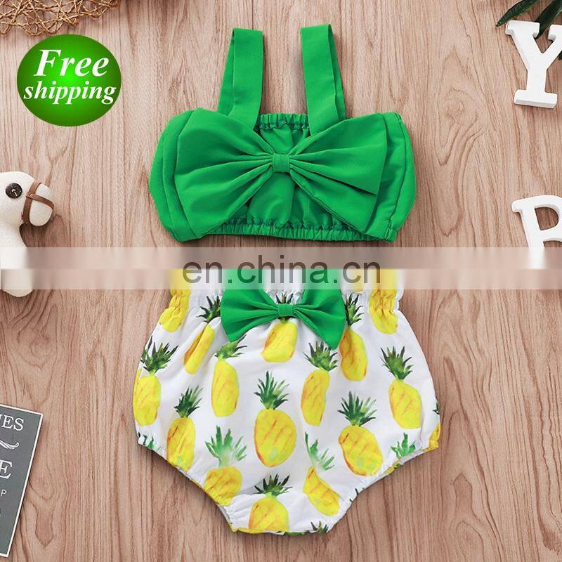 Newbrorn Summer 2pcs Set INS Baby Girl Green big bow tops & pineapple print shorts Outfit 0-2years