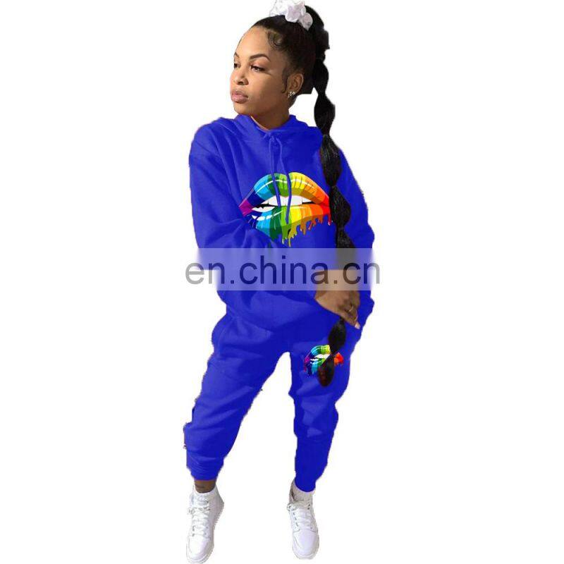 Wholesale custom ladies suit printed hooded long sleeve sweater casual suit Sports long hooded printed suit Casual style