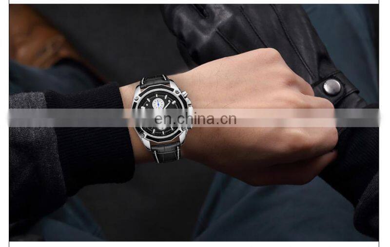 MEGIR 2015 Men Leather Strap Analog Chronograph Calendar Wrist Watch Military Sport Men Wristwatch