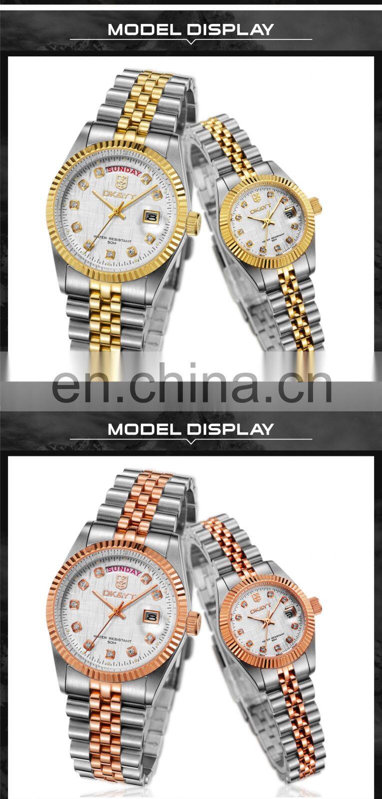 DK&YTMarried 2 Tones Couple Watches Stainless Steel Quartz Analog Lover's Diamond Numeral Pair Wristwatch