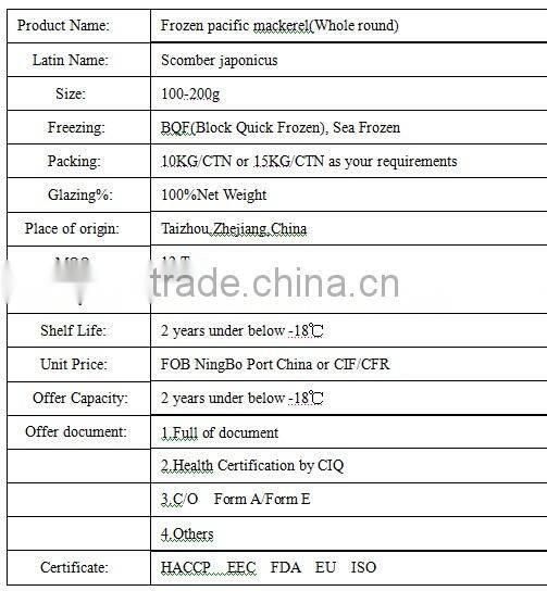 100-200g W/R frozen scomber japonicus pacific mackerel