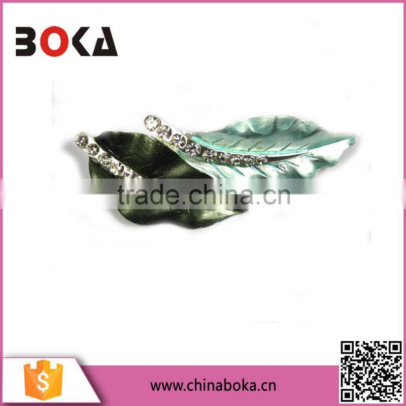 Antique light green enamel Plated rhinestone On stem Branch Leaf Pin Brooch