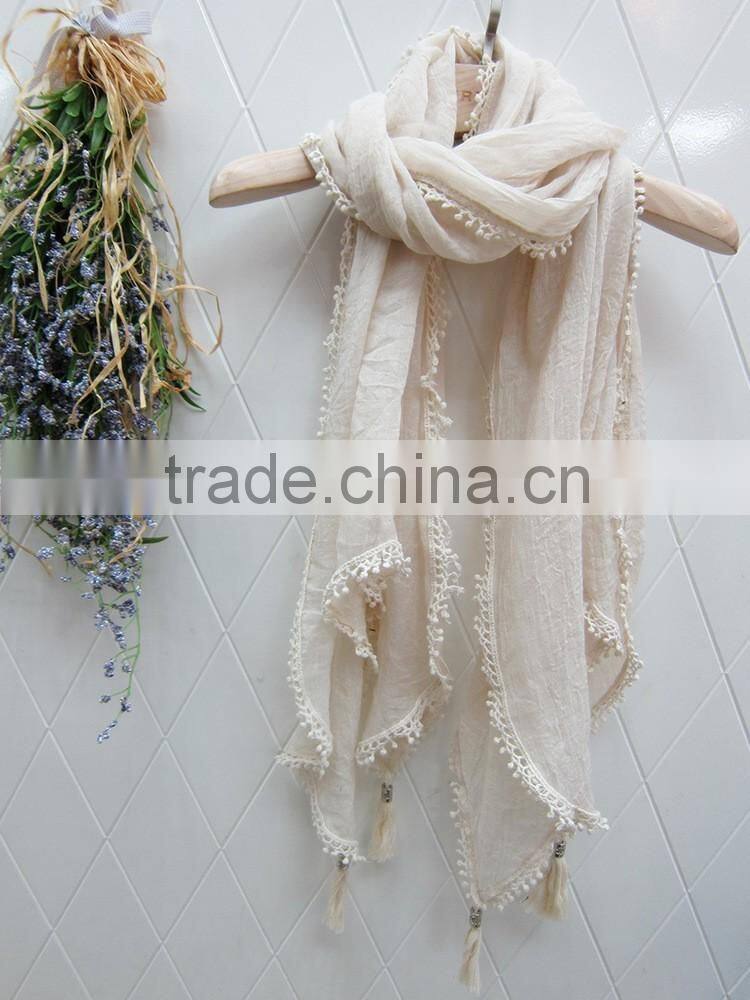 Fashion Latest Large Long Plain Cotton Linen Embroidery Lace Brim Tassel Scarf Shawl