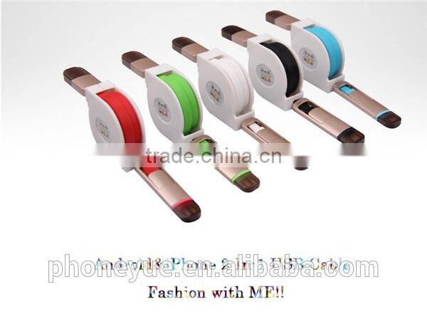 2 in 1 long custom retractable micro usb cable reel for iphone and for android