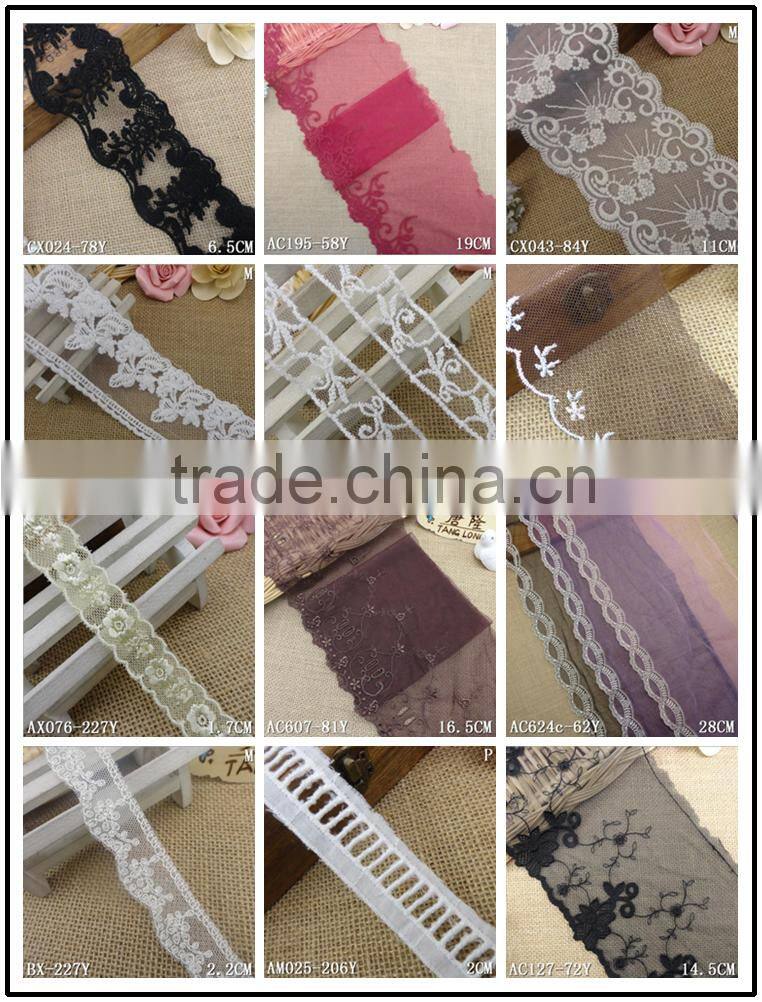 Factory fashion stock cheap pink 21.5cm nylon double side embroidery woman clothes ace fabric