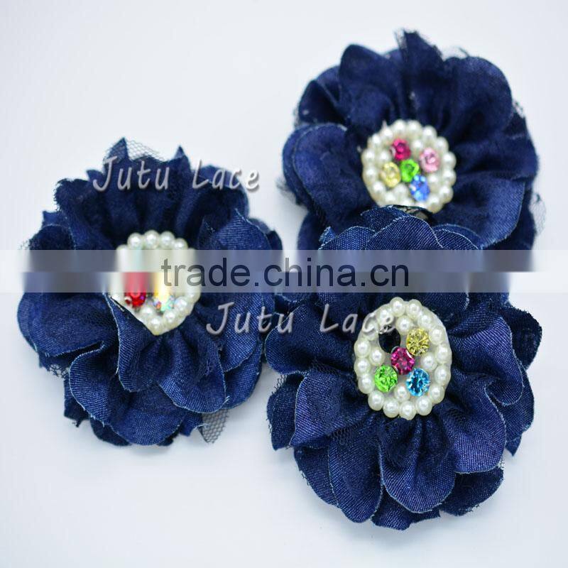 10cm chiffon lace rhinestone with pearl flower- chiffon lace flower- pearl lace flower headband