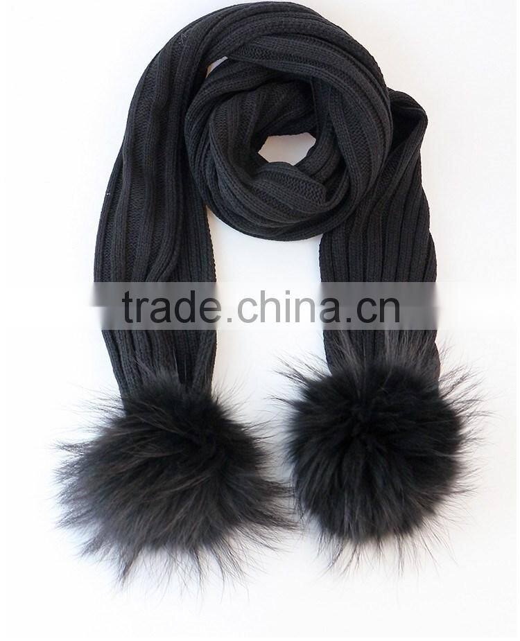 RRSC001D Genuine raccoon fur pompom scarf New winter thick White acrylic warm striped knitted scarves wool shawl