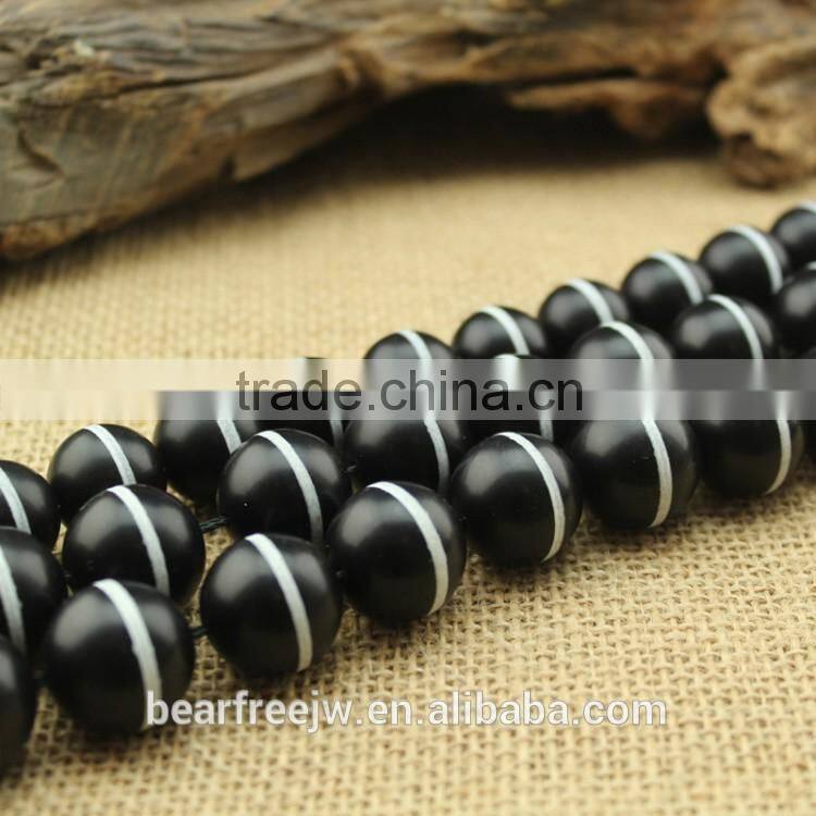Hot sale Natural White Line Black Matte Onyx tibetan agate gemstone Round Loose beads